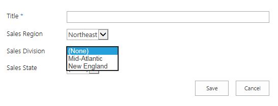 New Item Form Showing Division Options After Choosing a Region